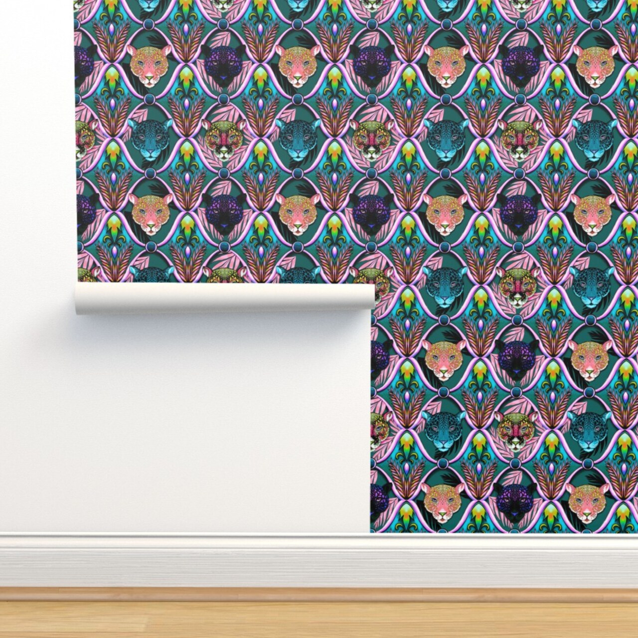 Vaporwave Jungle Retro Animal Print Teal Pink Modern Ogee Jaguar Leopard Custom Pre-pasted Wallpaper by Spoonflower Pre-Pasted Wallpaper 2FT Wide